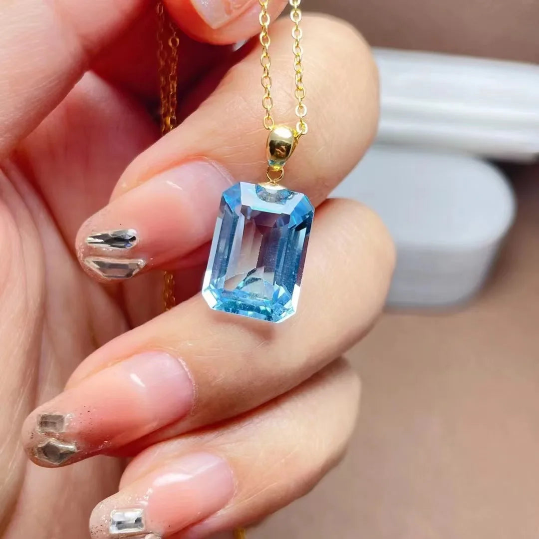 New Design 925 Sterling Necklace 18k Gold Buckle Natural Topaz Women Emerald Cut Pendant Necklace