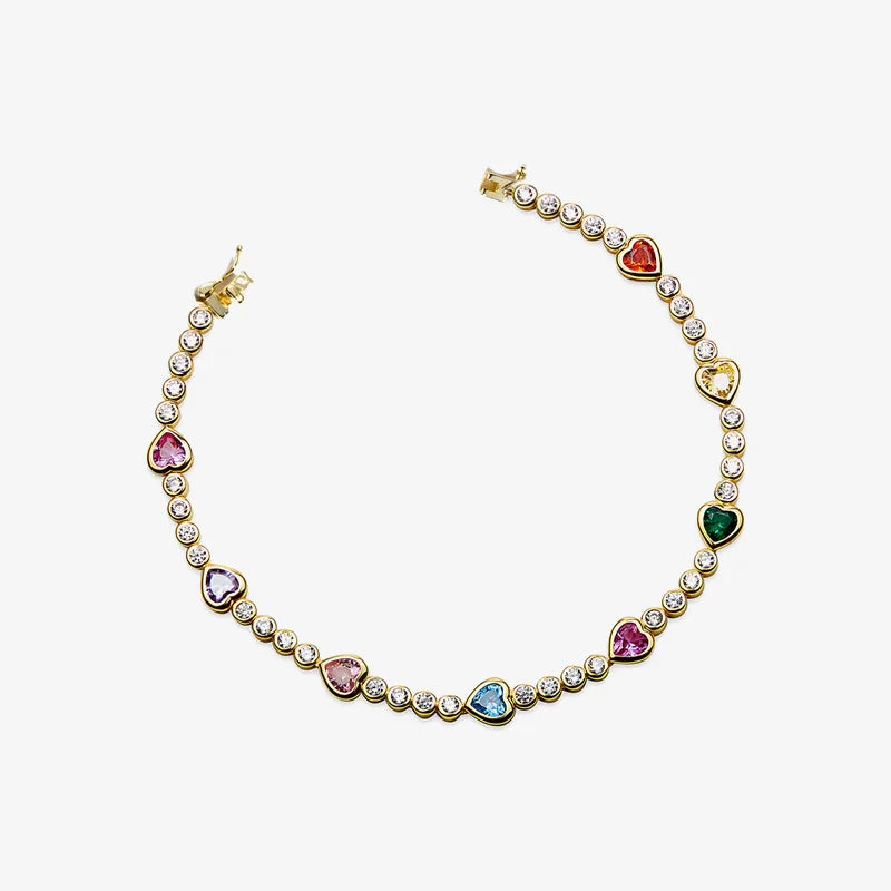 Bezel Heart CZ Rainbow Multi Color Women Gold Plated Jewelry 925 Sterling Silver Tennis Bracelet
