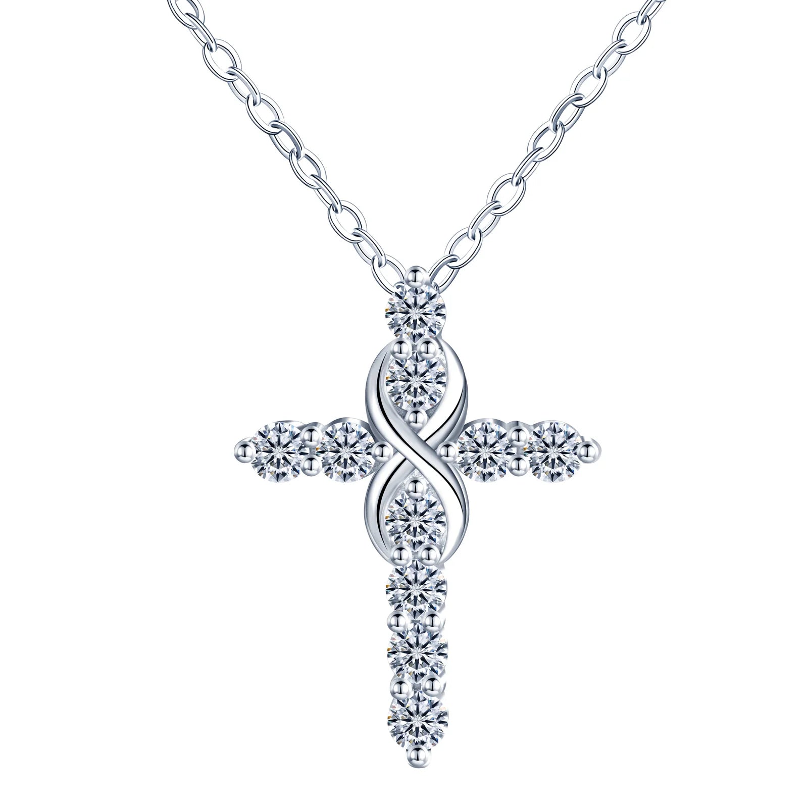 Christmas Christian Jewelry 925 Sterling Silver Rhodium/Platinum Plated Moissanite Cross Pendant with Link Chain for Women