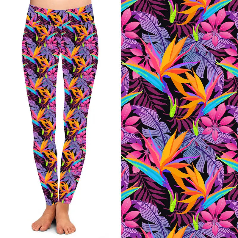 Tropical Leaf Floral Printed Women High Yoga Waist Buttery Soft 92% Polyester 8% Spandex Leggings for Women
