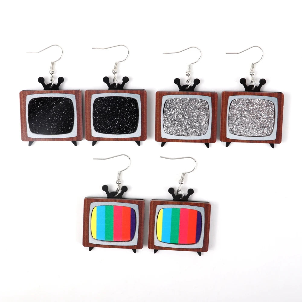 Retro Custom Memories Old TV Antenna Black Silver Sequins Funny Creative Designer Earrings for Women