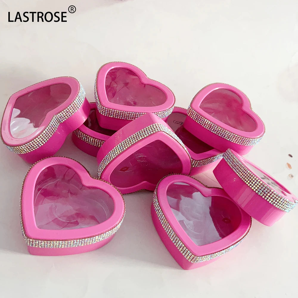 Wholesale Pink Rhinestone Fluffy 3D Mink Full Strip Lashes Packaging Supplies 25mm Mink Heart Shaped Eyelash Boxes