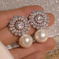 Flower Design Drop Tear Shape Stone Inlaid Zirconia Crystal Bride Wedding Imitation Pearl Earrings Women