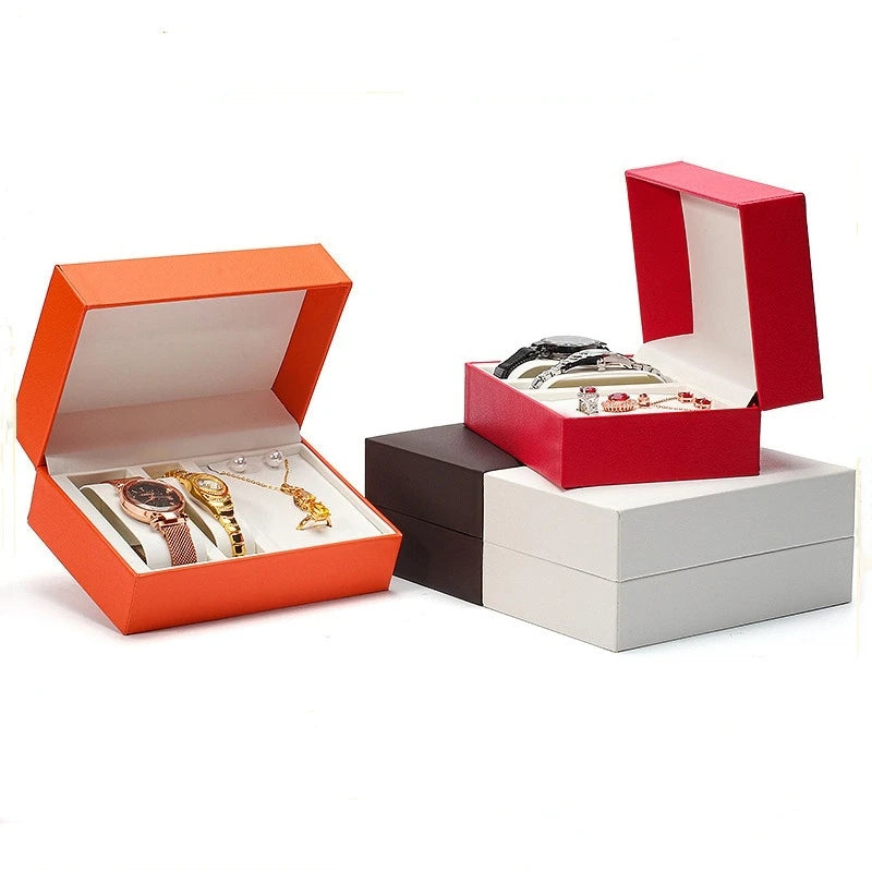 Popular Rectangle PU Leather Couple Watches Jewelry Bracelet Bangles Necklace Set Packaging Box Case