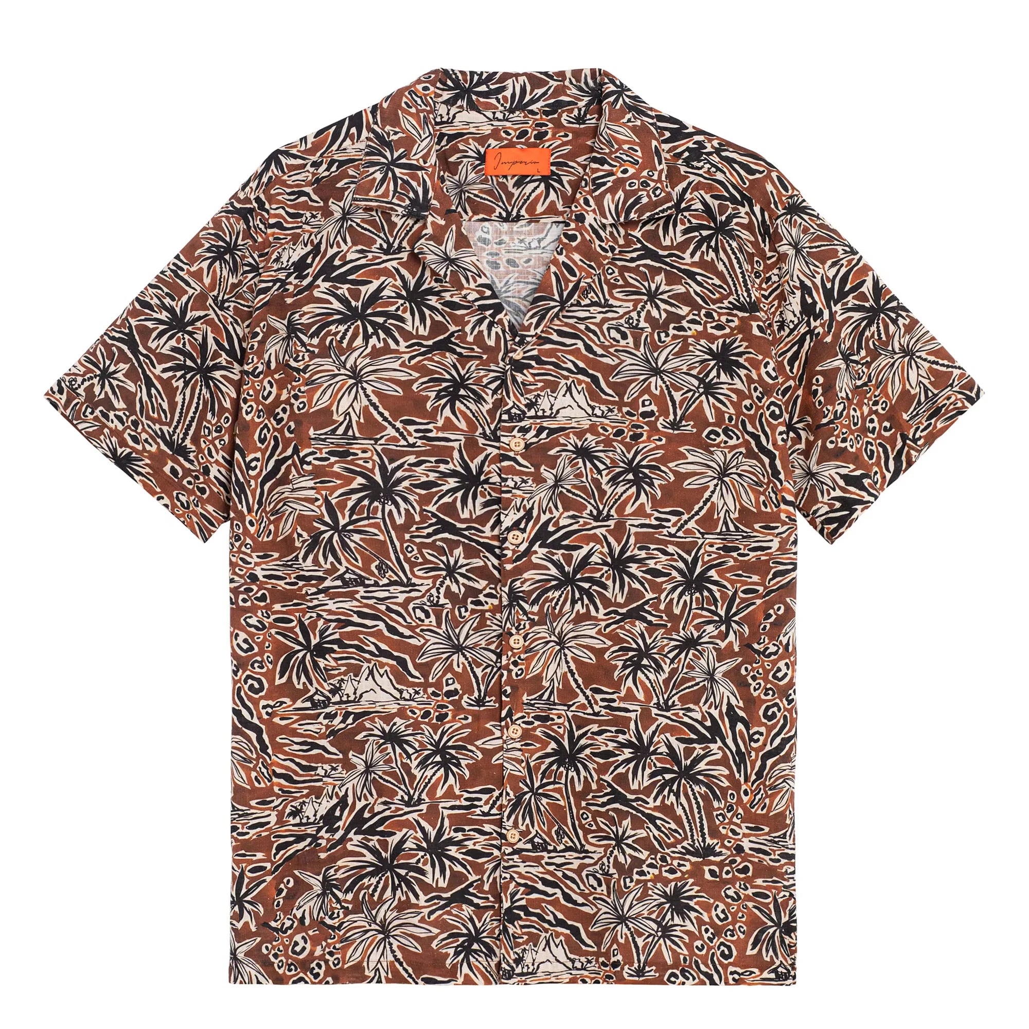 Imperio Shop Empire Waist Regular Fit Short Sleeve Button Collar Brown Palm Hawaiian Cotton Casual Summer Breathable Men's Shirt