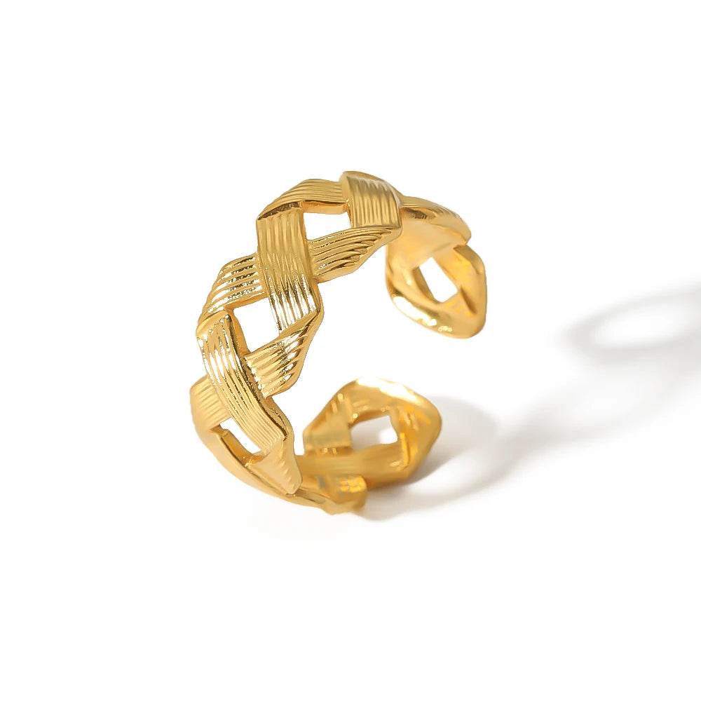 Plated Braided Chain Cross Open Finger Rings Gold Fashionable Stainless Steel Simple for Women Trendy Opp Bag Geometric HF-J1343
