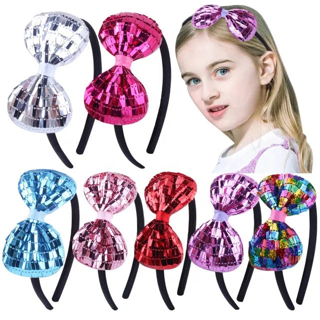 Kids Children Party Festival Sequin Big Bow Shape Metallic Effect Accessories Satin Cover Plastic Hair Band Head Wear