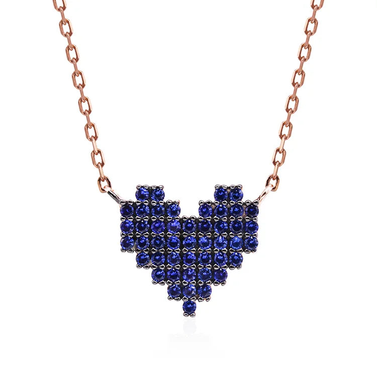 Simple Design Fashion 925 Sterling Silver Necklaces Blue Crystal Stone Heart Shape Boho Necklace for Women
