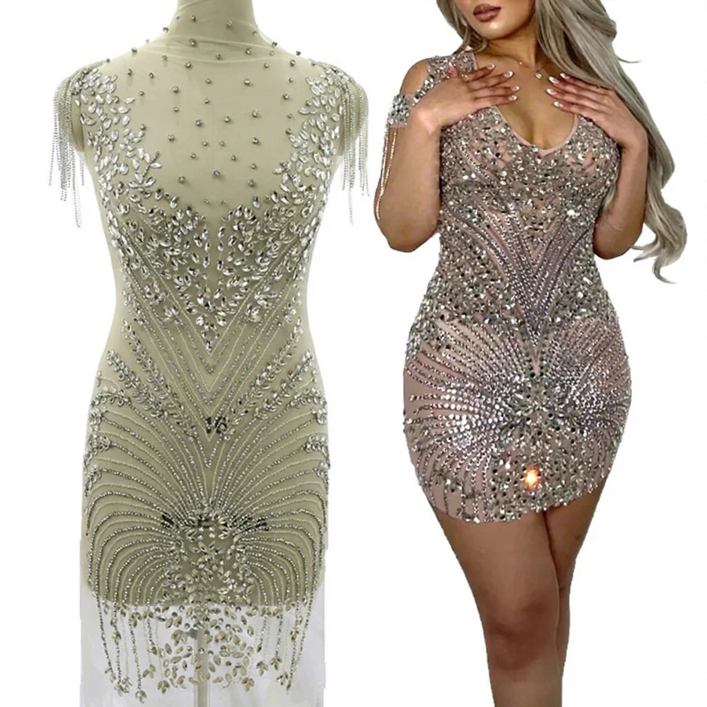 Keering WDP-362 High End Bling Body Shoulder Tassel Crystal Fringe Rhinestone Bodice Applique V Neck for Bridal Wedding Dress