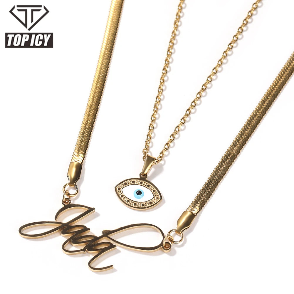 Top Icy Hip Hop Jewelry Fashion Evil Eyes Name Pendant Set Stainless Steel Personalized Punk Snake Bone Necklace for Women