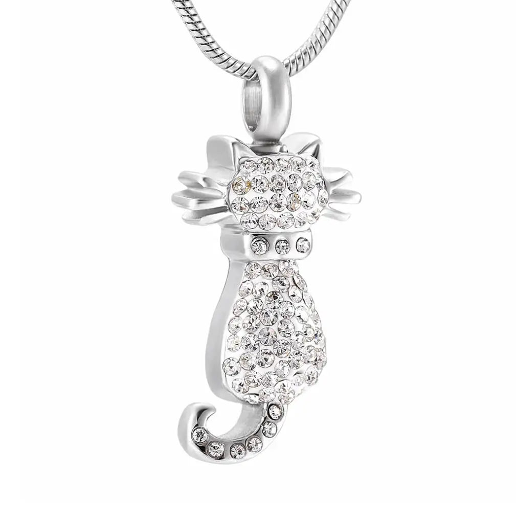 Vintage Stainless Steel Cat Urn Cremation Pendant Ash Holder Mini Keepsake Jewelry Crystal Necklace Urn Funeral Gift