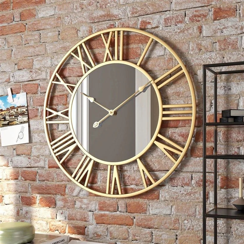 80CM French Large Dropshipping Modern Luxury Mirrored Wall Hanging Clock Decorative Metal Golden Watch Home House Office Decor