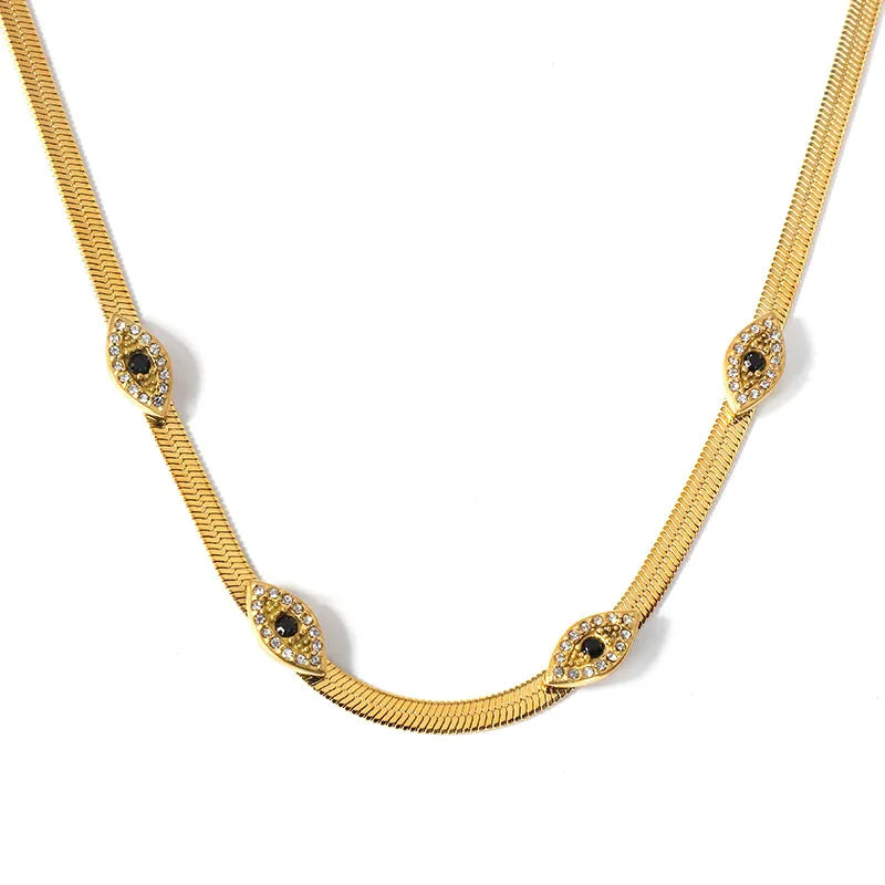 Chic Non Tarnish Stainless Steel Cubic Zirconia Necklace 18K Gold Flat Snake Bone Chain White CZ Necklace