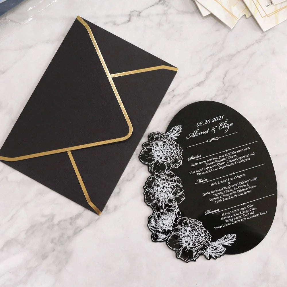 Personalized Logo Menu List Black Acrylic Flower Vintage Luxury Design White Foil Paper Menu Cards Restaurant Anime Craft