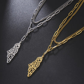 Stainless Steel Palestine Map Charm Chain Necklace 18K Gold Rose Gold Plated Palestinian Pendant Multi-layer Link Chain Necklace