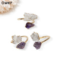 WT-R495 Amazing WKT New Design Natural Double Stone Druzy Crystal Quart and Black Tourmaline Stone Ring in Adjustable Size