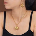 Fashion Stainless Steel 18K Gold Plated Texture Square Geometric Pendant Earrings Necklace Jewelry Set for Women