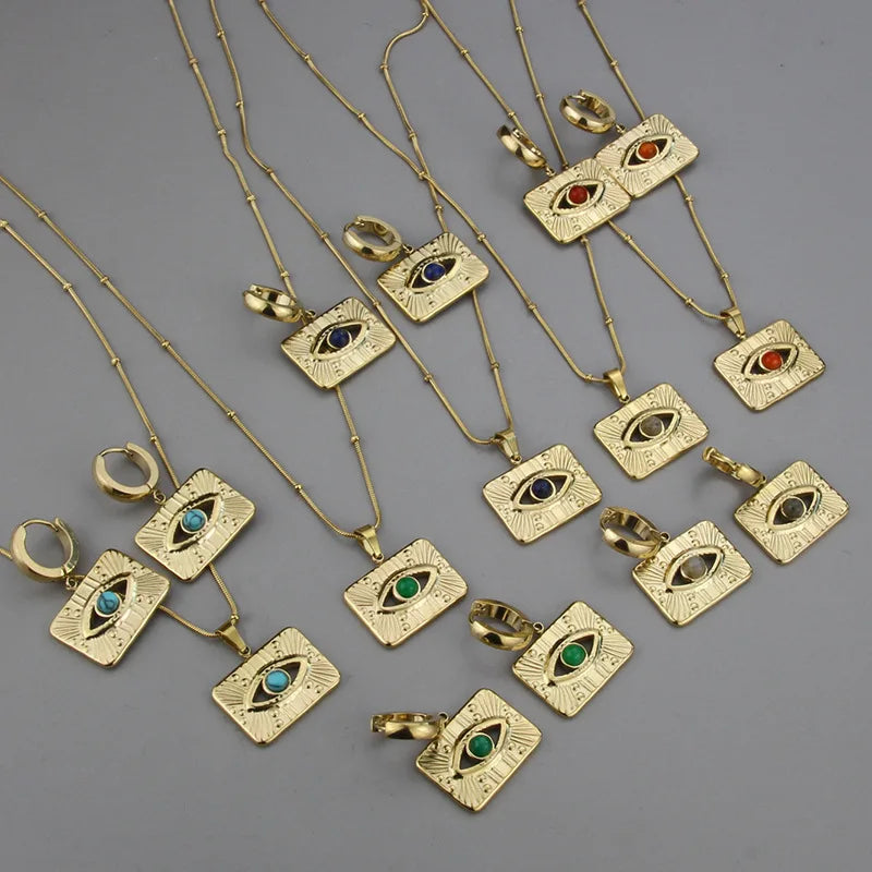 Fashion Tarnish Gold Jewelry Stainless Steel Rectangle Evils Eye Pendant 18K Gold Necklace