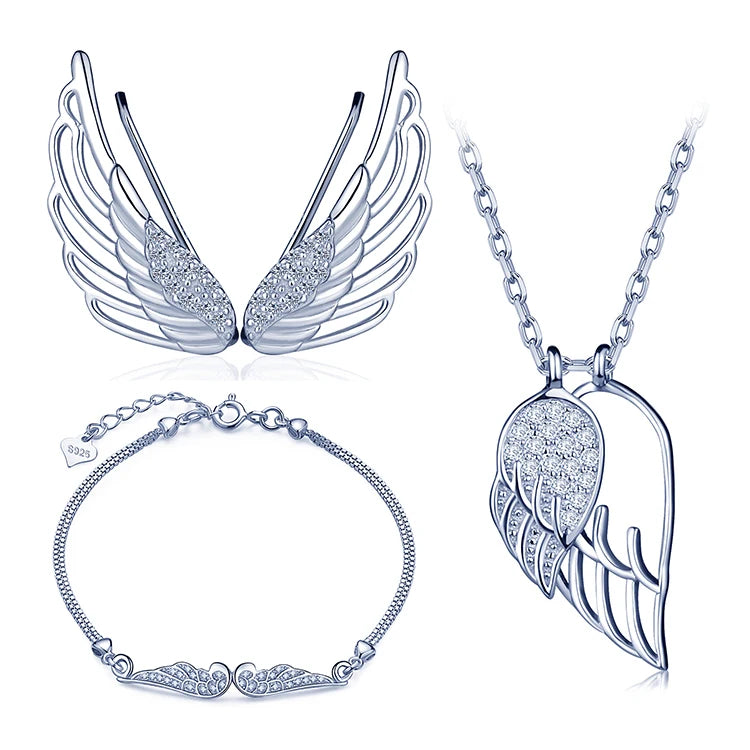 925 Sterling Silver Angel Wings Jewelry Set Ear Cuffs Bracelets Necklaces with Zircon for Wedding Engagement Gift Trendy Style