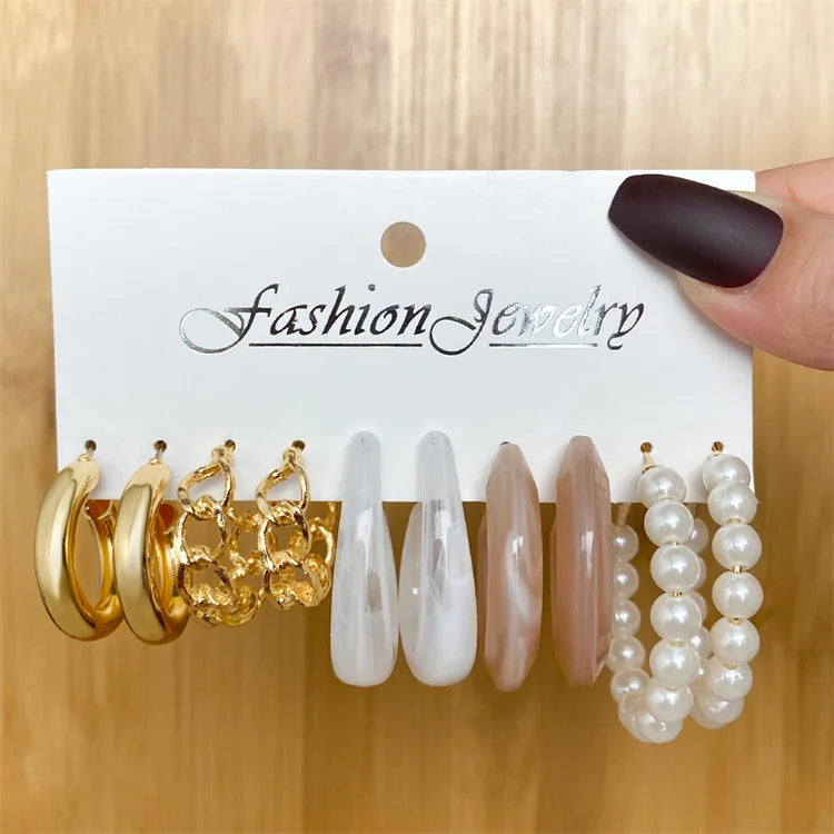 VKME  Hot Selling Pearl Earring Set for Women Crystal Resin Exaggerated Alloy Big Circle Hoop Earrings