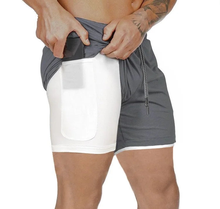 Men's 2-in-1 Quick Dry Polyester Sports Shorts Pockets Breathable Mid Waist Casual Style Running Gym Shorts