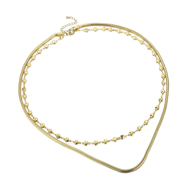 18K Gold Plated Double Personalized Stainless Steel Heart Chain with Snake Chain Necklace Set