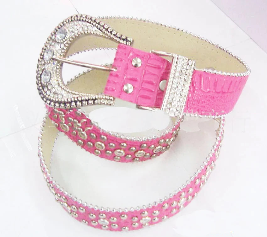 Wholesale 3.3cm 1.5" Width 3 Pieces Buckle Set PU Leather Fashion Fancy Metal studded Crystal Rhinestone Belt