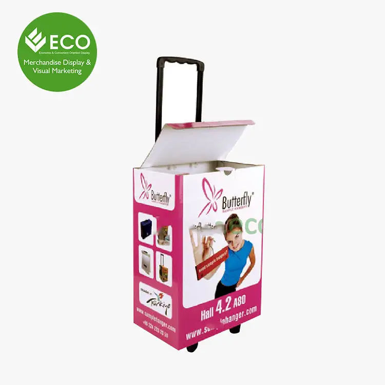 Custom Eco-Friendly Foldable Corrugated Cardboard Trolley Bag Modern Portable Exhibition Display Cardboard Trolley Box