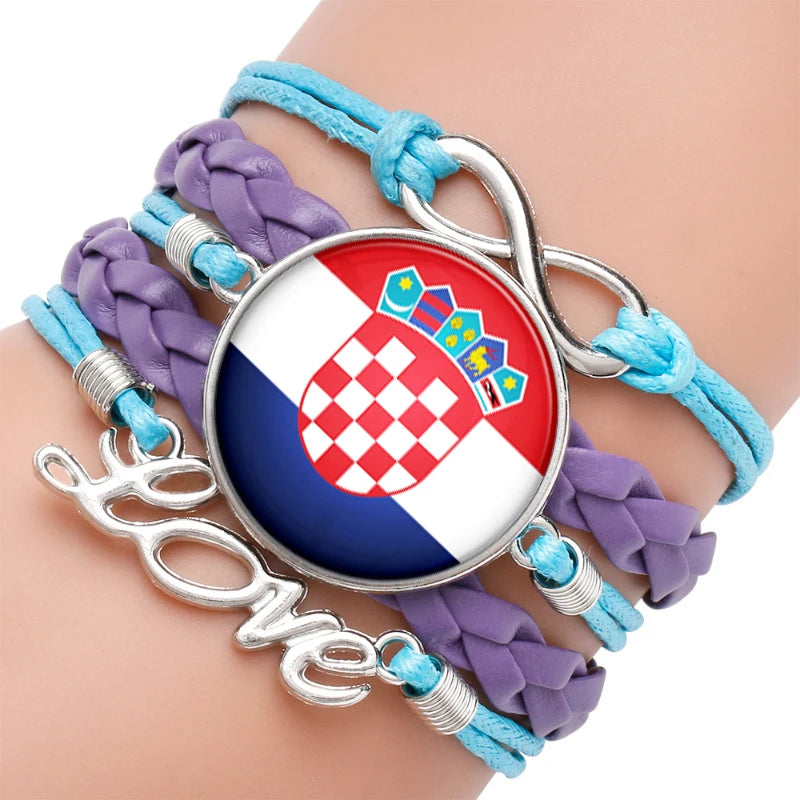 Manufacturer European National Country Flag Design Infinity Love Blue Purple Leather Wrap Bracelet