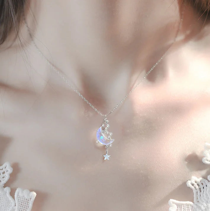 Popular Women's S925 Sterling Silver Moon Splashing Star River Design Cute Fine Pendant Necklace for Minorities