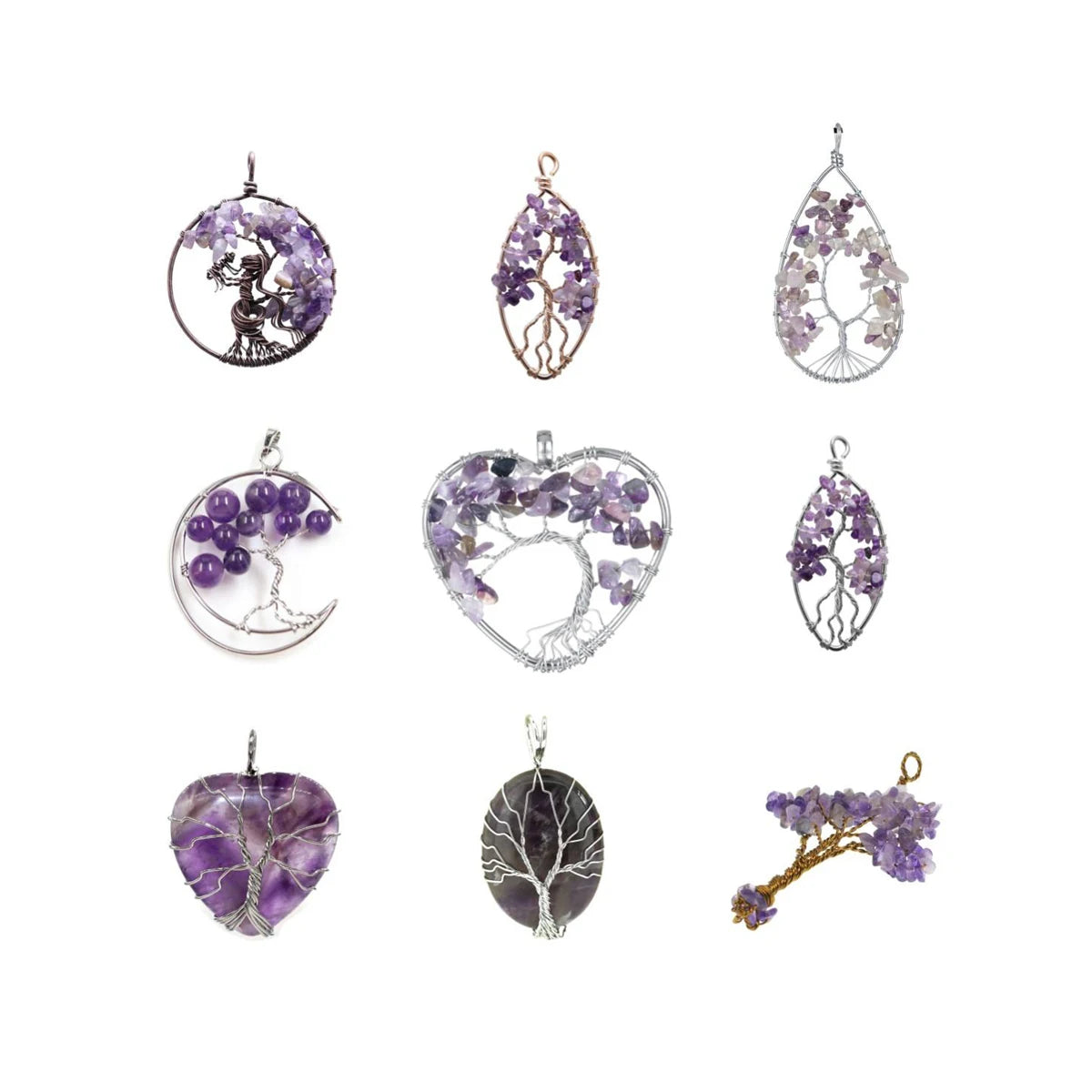 Fashionable Tree of Life Natural Amethyst Chip Stone Pendant Jewelry Copper Round Pendant for Jewelry Making