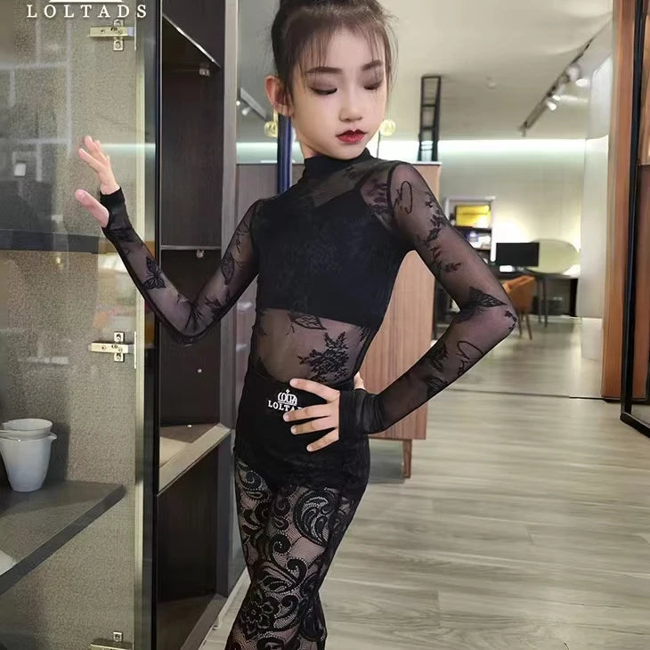 Children Black Latin Dance Top with Pants Set Training Dance WearJazz Latin Dance Figure Skating Performance Wear