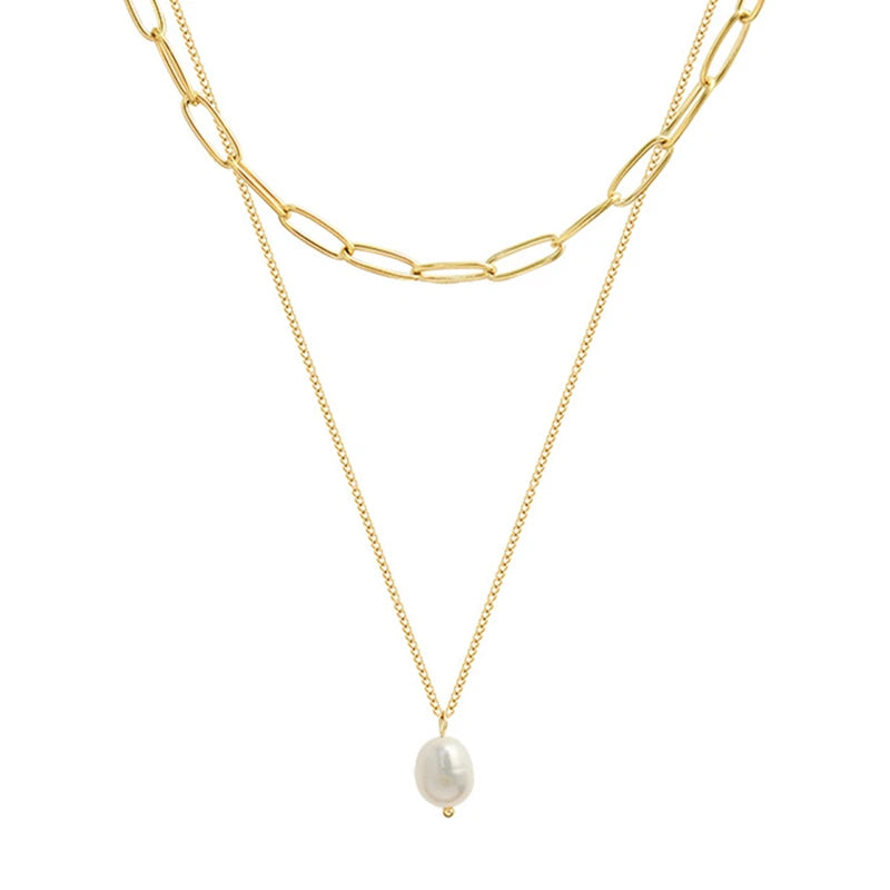 Wholesale Custom 18k Gold Plated Stainless Steel Snake Chain Link 2 Double Multi Layer Pearl Necklace