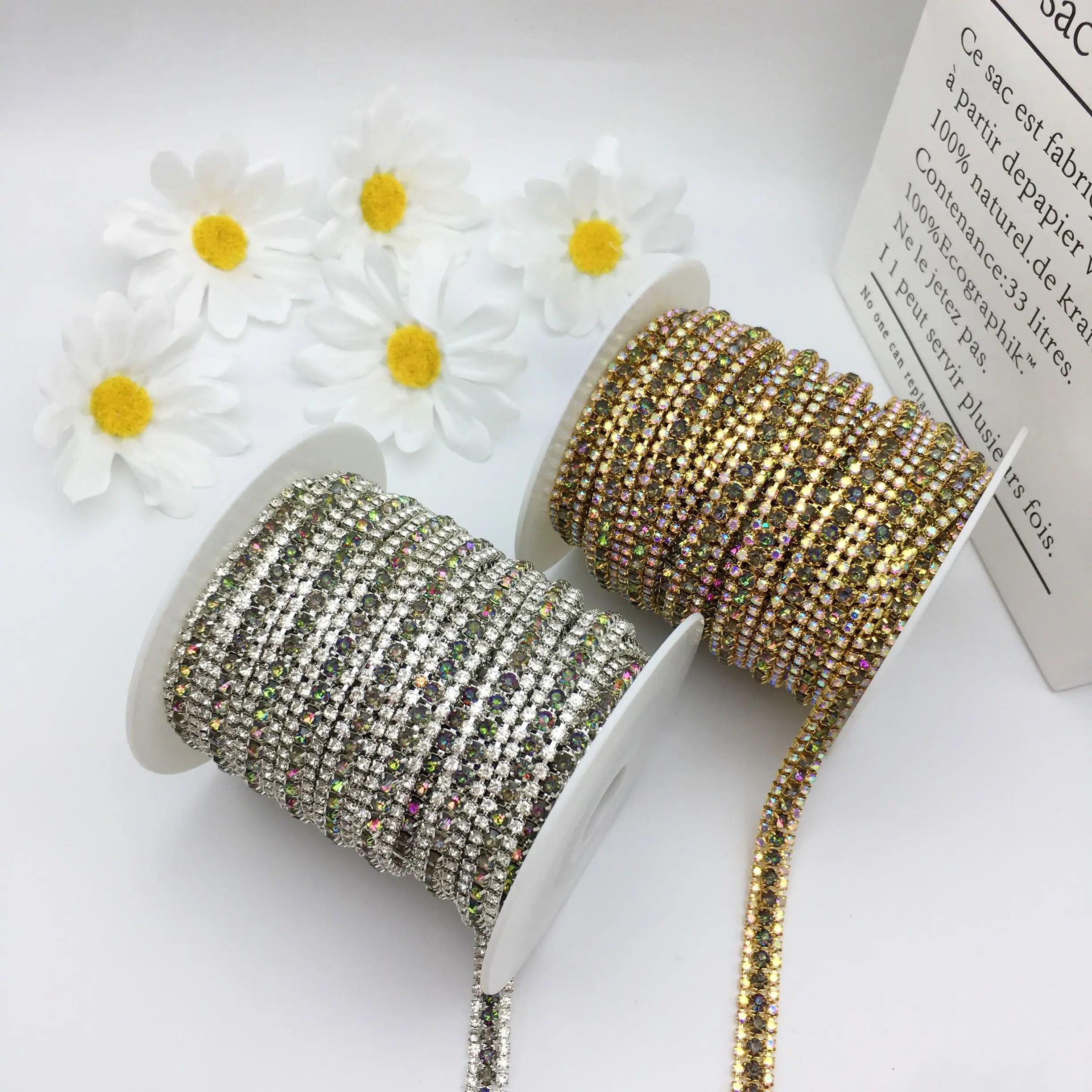 SINRONG Five Color Three Row Crystal Rhinestone Chain Red Gold/Silver Bottom DIY Decoration Accessories with Glass Edging