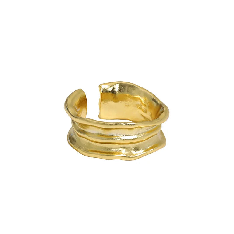 Fashion Gold Plated New Wild 925 Sterling Silver Irregular Wrinkled Texture Wide Rings Fine Jewelry for Women
