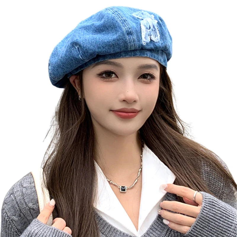 Niche Designer Hat Ladies Make Old Frilled Cowboy Berets Denim Beret Hat for Women