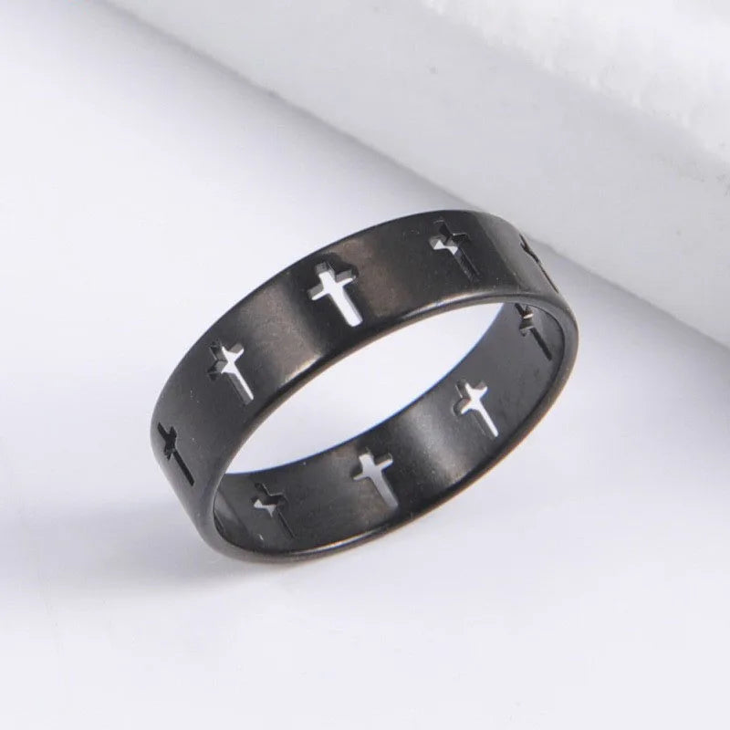 High Polished Religion Rings Jewelry Popular Simple Hollow Cross Pattern Stainless Steel Multicolor Ring for Women Men