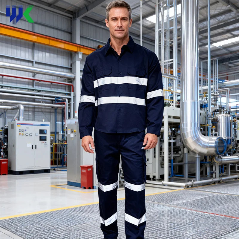 Polyester Cotton High Visibility Breathable Spring Work Uniforms Reflective Safety Navy Construction Factory Workwear