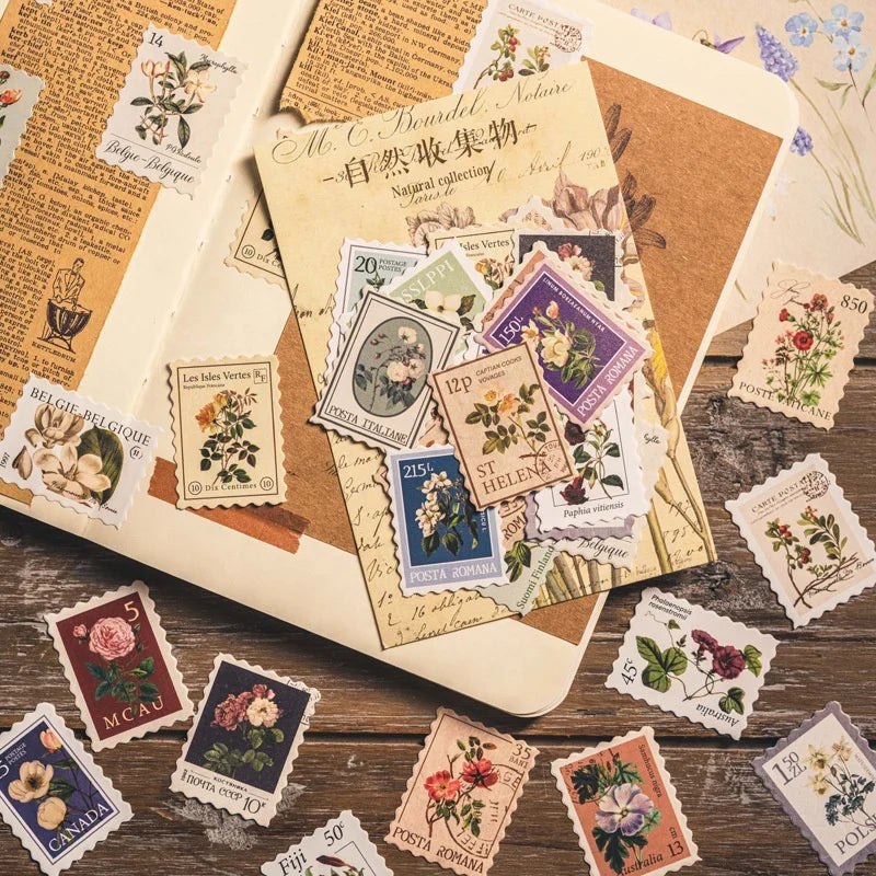 Creative Vintage Retro Stamp Stickers Set Natural Plant/Mushroom/sky Stars/insect Design DIY Decorative Stickers 48pcs/bag