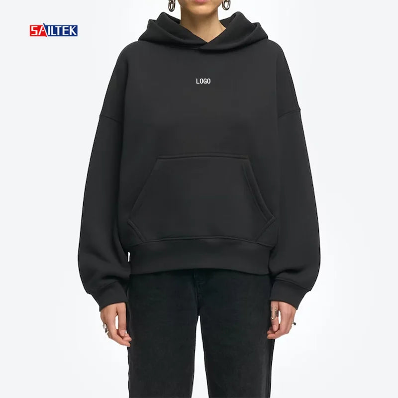 Wholesale Best Quality 350gsm Black Pullover Hoodie for Women Custom Embroidered Logo Fashionable Fleece Jumper Hooded