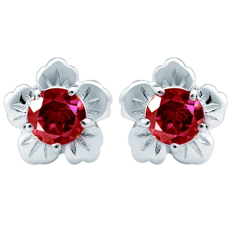 New Trendy Red Gemstone Zircon Flower 925 Sterling Silver Stud Earrings for Women