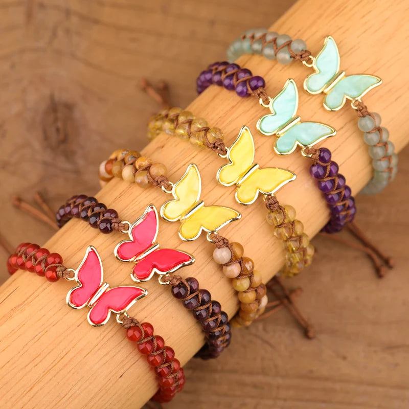 Handmade Fashion Charm Bracelets for Kids Healing Crystal Natural Stone Beads Enamel Butterfly Bracelet Kids' Gift Jewelry