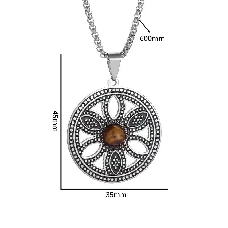 Vintage Viking Flower of Life Pendant Necklaces Tiger Eye Stainless Steel for Women Men Sacred Geometry Chain Necklace Collares