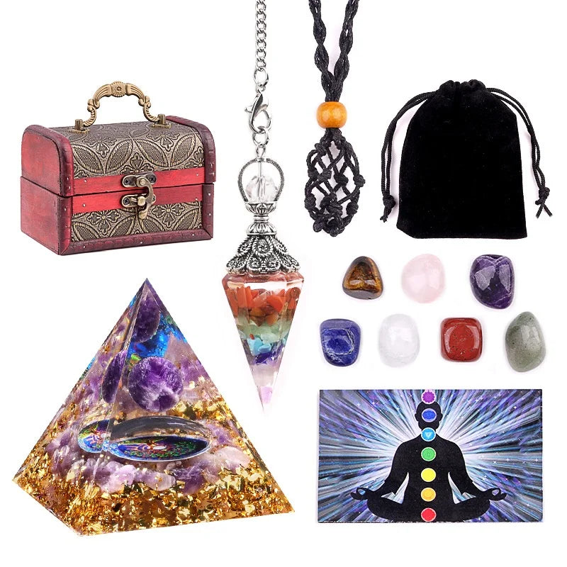 Set 6 Natural Crystal Polished Gemstones Colorful Stone Pyramid Pendulum Gravel 7 Chakras Tree Shape Jewelry Gift Box Engraving