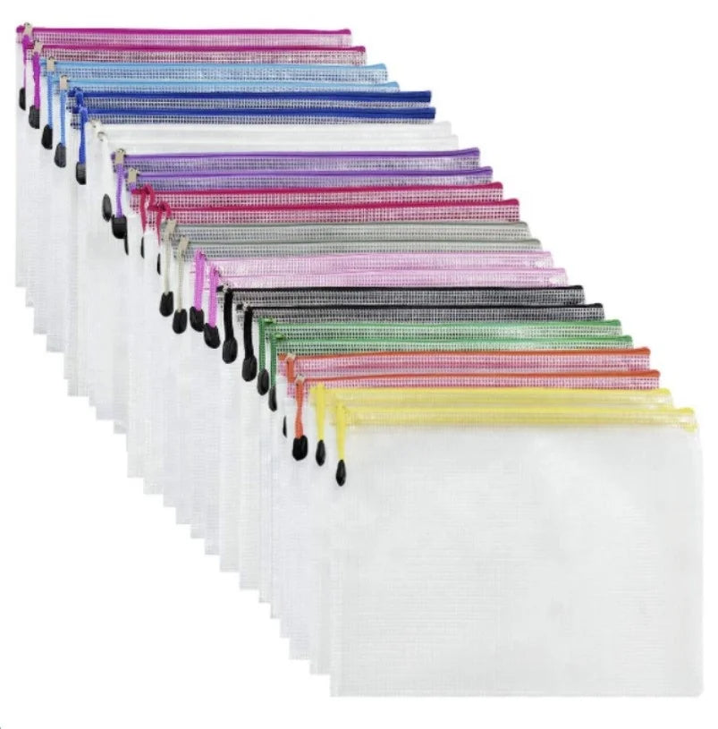 SAM Plastic Mesh Zipper Pouches Document Zip File Bags Folders Waterproof Wallets for School Office Pens Pencils