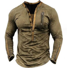 Men's Tactical Fleece Henry Collar Long Sleeve Sweatshirt Soft Warm Vintage Zipper Deco Button Pullover Shirt