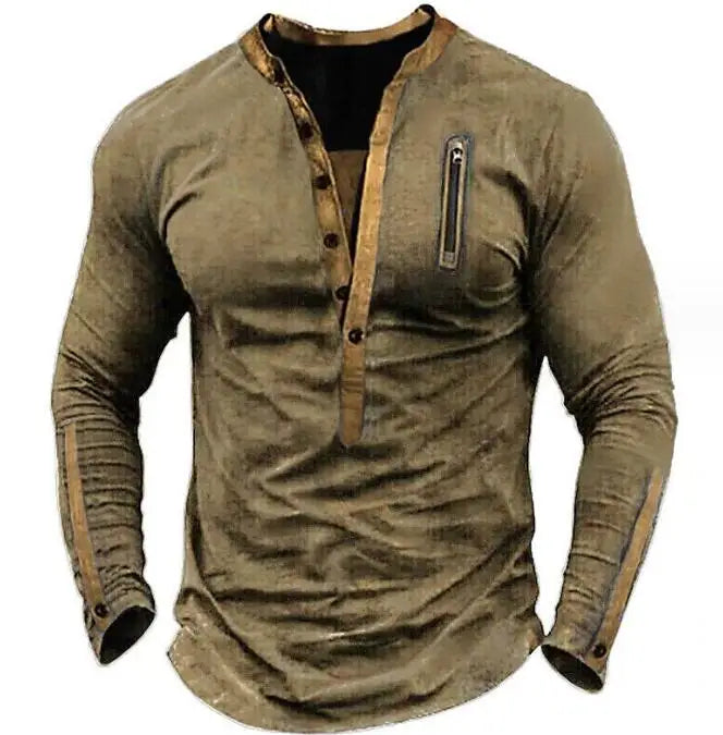 Men's Tactical Fleece Henry Collar Long Sleeve Sweatshirt Soft Warm Vintage Zipper Deco Button Pullover Shirt