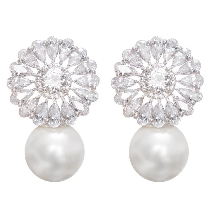SC Flower Design Drop Tear Shape Stone Inlaid Zirconia Crystal Earrings Bride Wedding White Pearl Earrings for Women