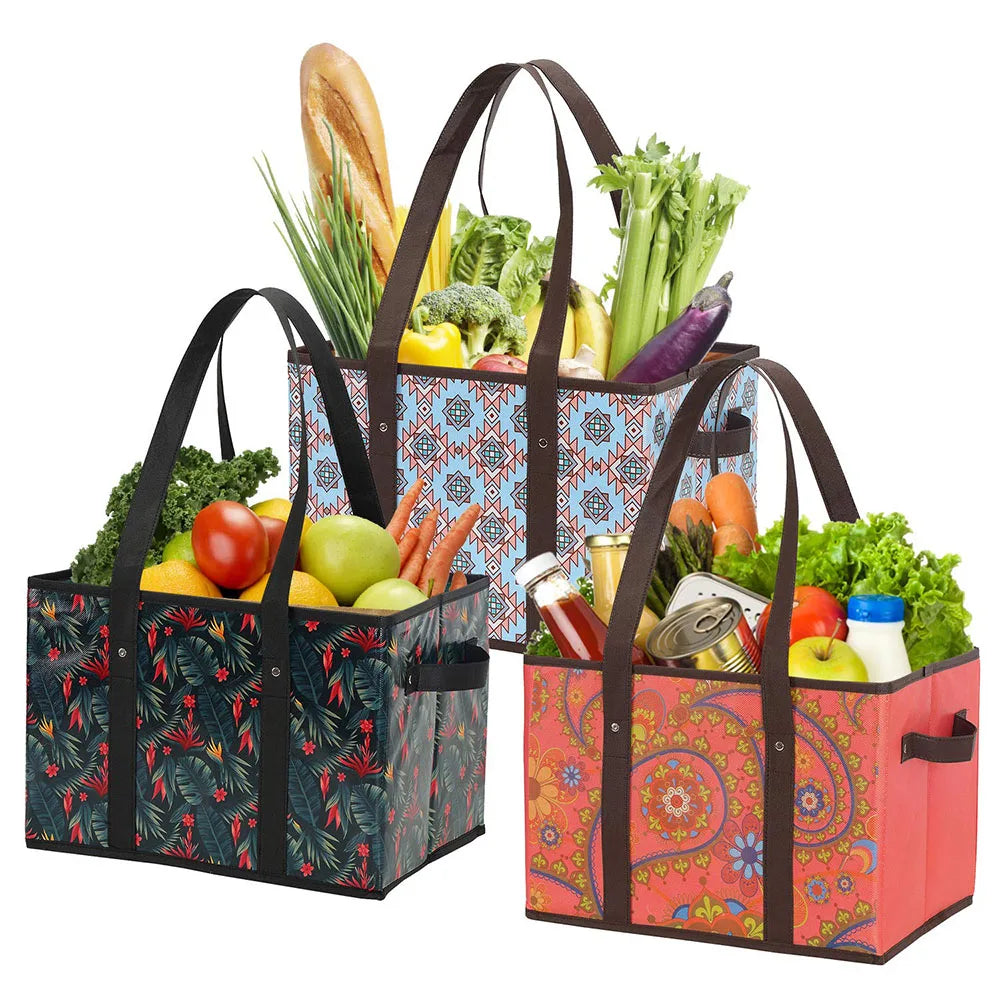 Heavy Duty Custom Foldable Trunk Organizer Recycled Reusable Grocery Shopping Bags Hard Bottom Convenient Foldable Shopping Cart