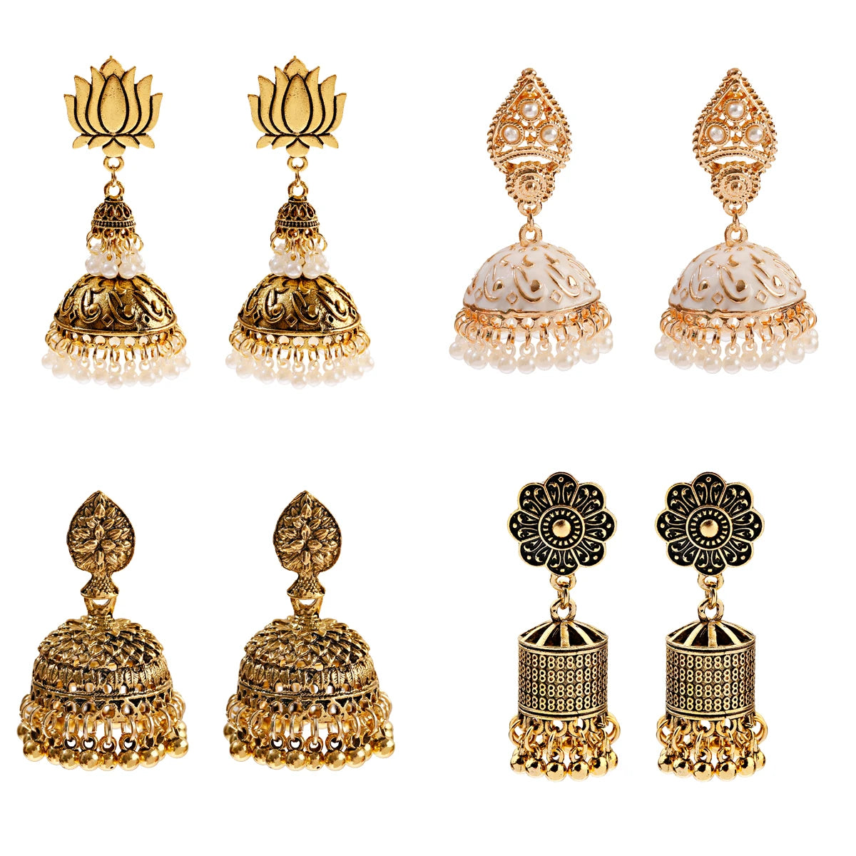 Douvei Gold Plated Pearl Bead Insert Sunflower Pattern Lotus Carved Buddha Stud Earrings Round Bead Tassel Jewelry